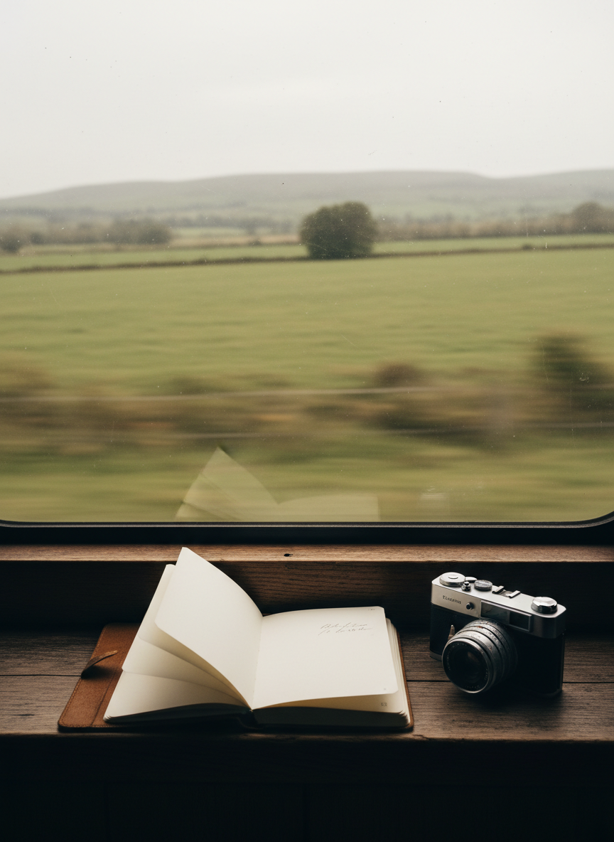 An open, slightly worn travel notebook lies beside a compact camera on a wooden train windowsill, the pages blank except for a faint imprint of previous writing. Outside the large window, blurred countryside fields and distant hills stream by in soft motion, rendered with gentle bokeh. Overcast daylight filters through the glass, diffused and calm, illuminating the grain of the wood and the subtle texture of the notebook cover. Shot from an eye-level angle, the centered yet spacious composition creates a contemplative mood, suggesting a solo journey in progress and the space for self-discovery, captured in authentic, realistic travel photography.
