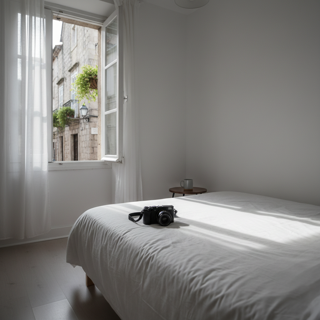 A minimalist hostel room with a single unmade bed is bathed in early morning light, the white sheets slightly rumpled and a small mirrorless camera placed carefully on the windowsill. Through the open window, a quiet old town street with textured stone buildings and hanging plants appears softly out of focus. The light filters through thin curtains, creating gentle highlights on the camera lens and subtle shadows across the bedding. Captured from a corner of the room with a wide-angle lens, the composition emphasizes negative space and a sense of calm solitude, suggesting intimate, personal travel moments in sophisticated photographic realism.