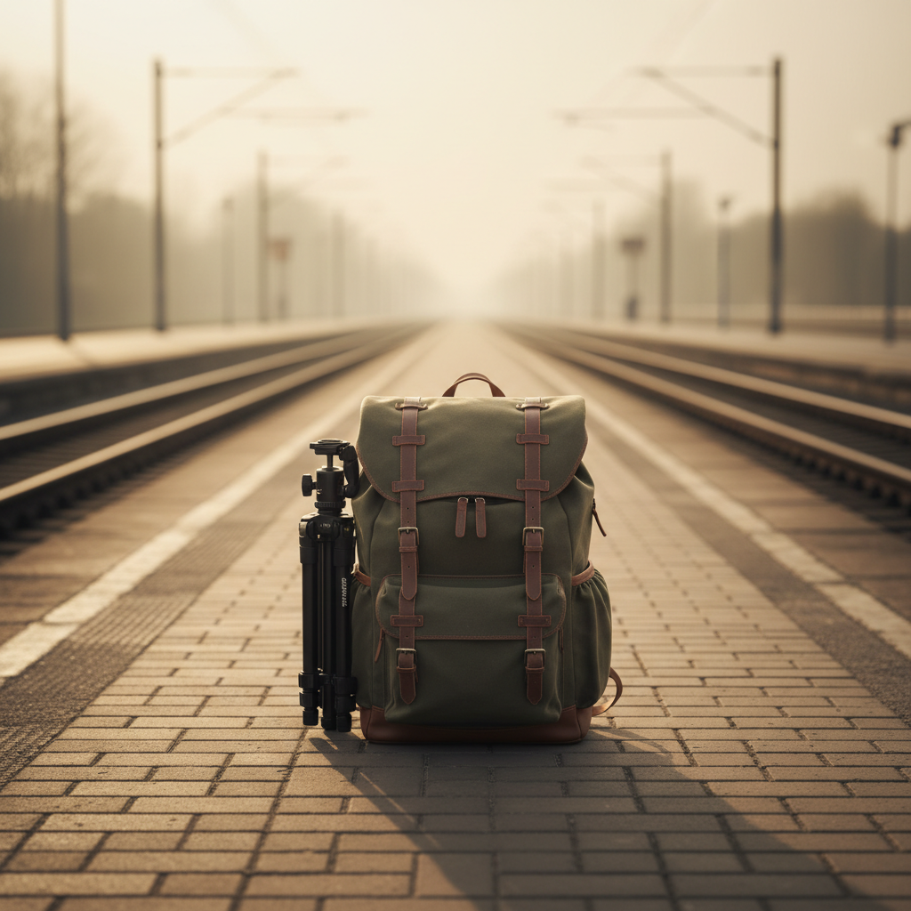 A single, sturdy backpack made of deep olive canvas with leather trim stands upright on a quiet, empty train platform, its zippers neatly closed and a compact tripod strapped to the side. The platform stretches into the distance, railway tracks converging in soft perspective. Late afternoon light casts long, delicate shadows and paints the scene in warm, subdued tones. The camera angle is slightly low, emphasizing the backpack as a lone companion against the expansive, blurred background. The mood is reflective and slightly cinematic, embodying the essence of solitary exploration and photographic curiosity in a refined, realistic style.
