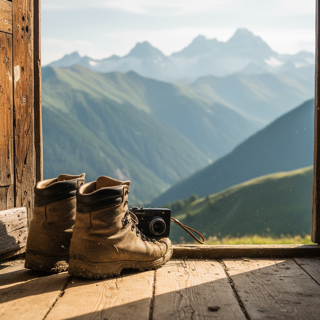 A single pair of well-worn hiking boots, speckled with dry mud, sits at the threshold of a small mountain hut, with a compact camera resting gently on top of them. Beyond the doorway, a vast valley of layered green ridges and distant snow-capped peaks stretches into a hazy horizon. Soft morning light pours in from outside, illuminating dust motes in the air and casting a warm glow on the wooden floorboards. Composed from a low, inward-facing angle, the boots dominate the foreground while the landscape is delicately blurred, creating a sense of returning from a solitary adventure in richly detailed photographic realism.