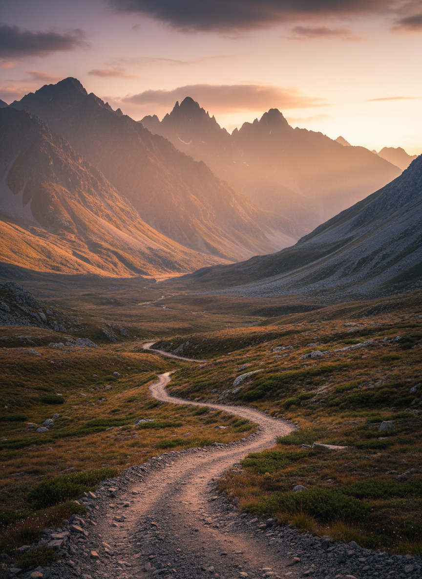 Sweeping remote mountain valley landscape at golden hour, winding path leading toward distant peaks, atmospheric haze, sophisticated travel photography, rich but muted natural tones