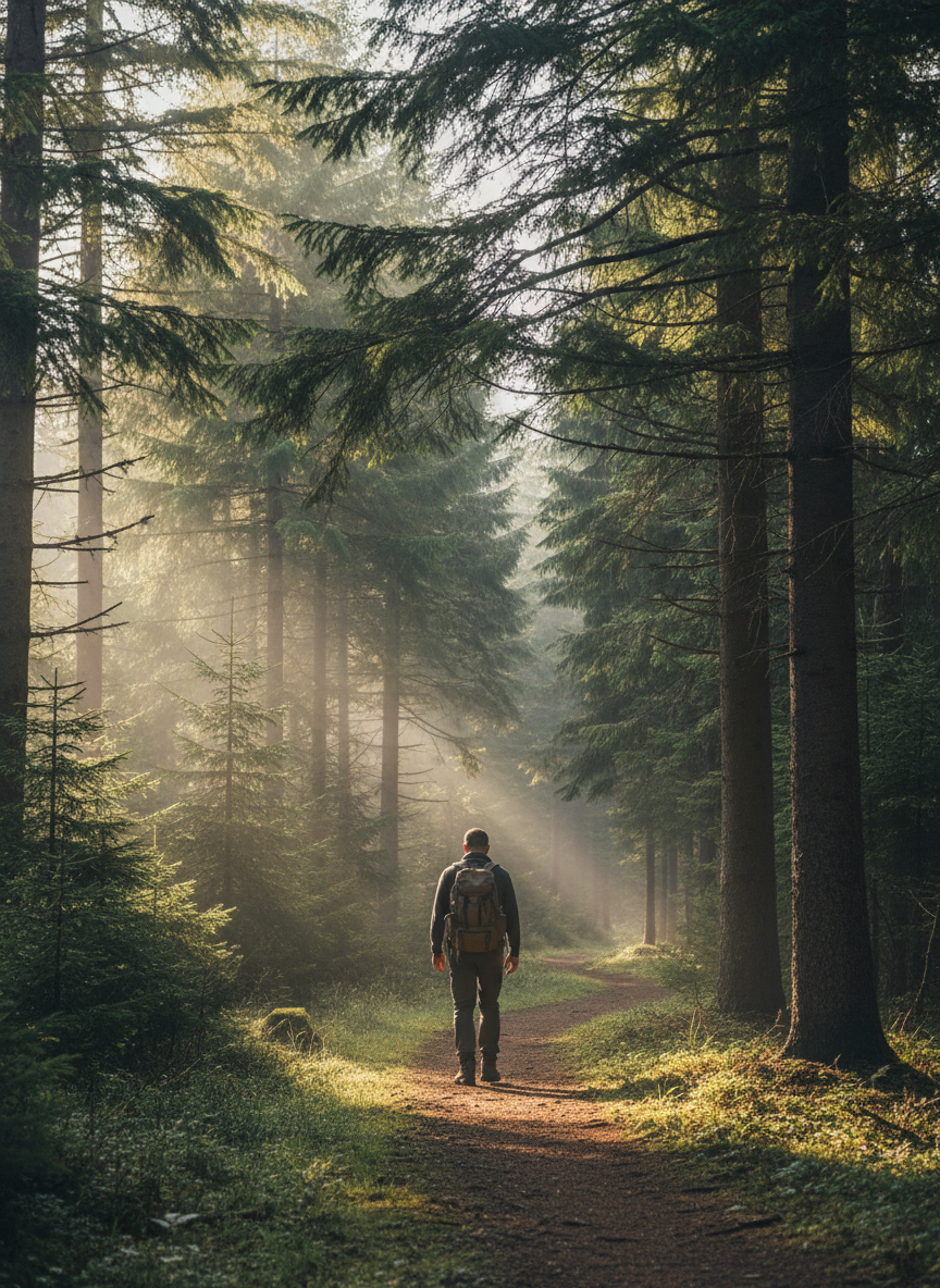 Lone hiker walking a narrow forest trail through tall evergreen trees, soft directional morning light filtering through the canopy, contemplative solo travel photography, muted forest-green palette, editorial