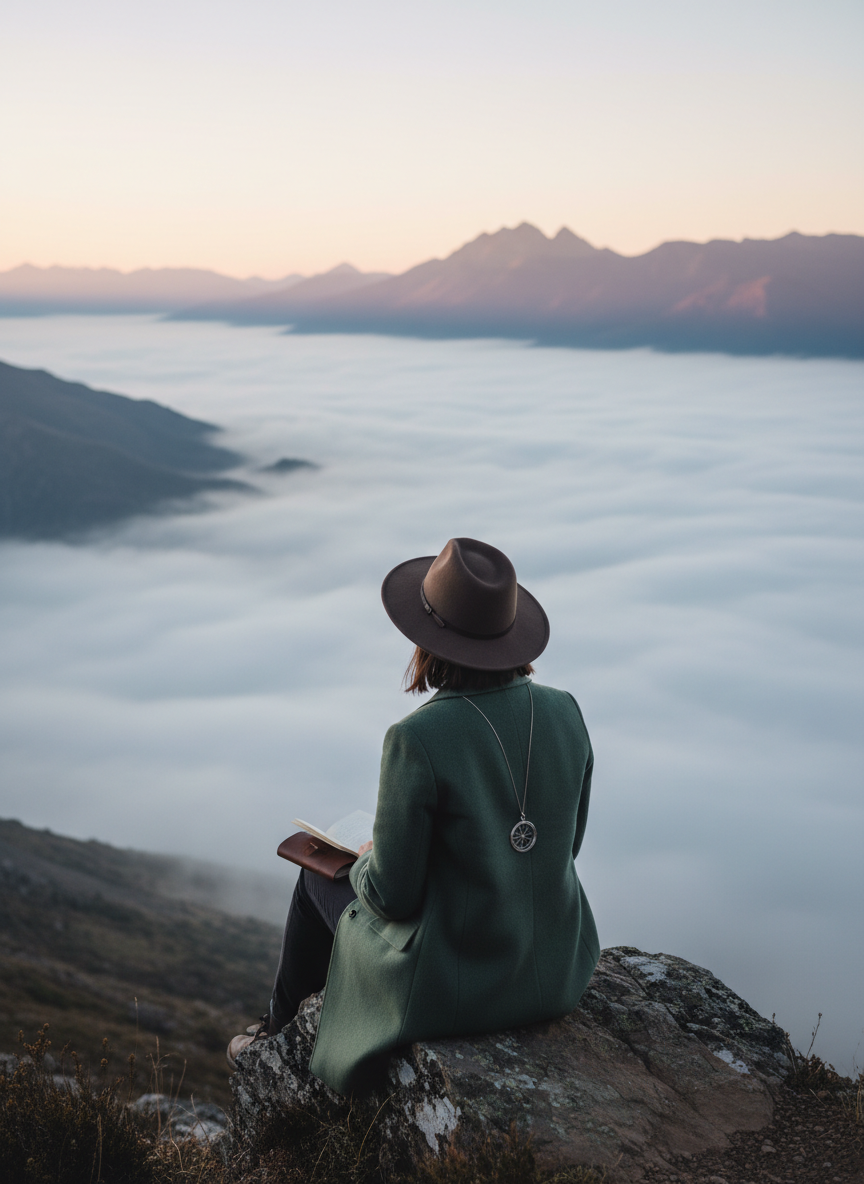Quiet reflective portrait of a solo traveler seen from behind, seated overlooking a vast fog-covered valley at dawn, sense of stillness and self-discovery, sophisticated muted travel photography