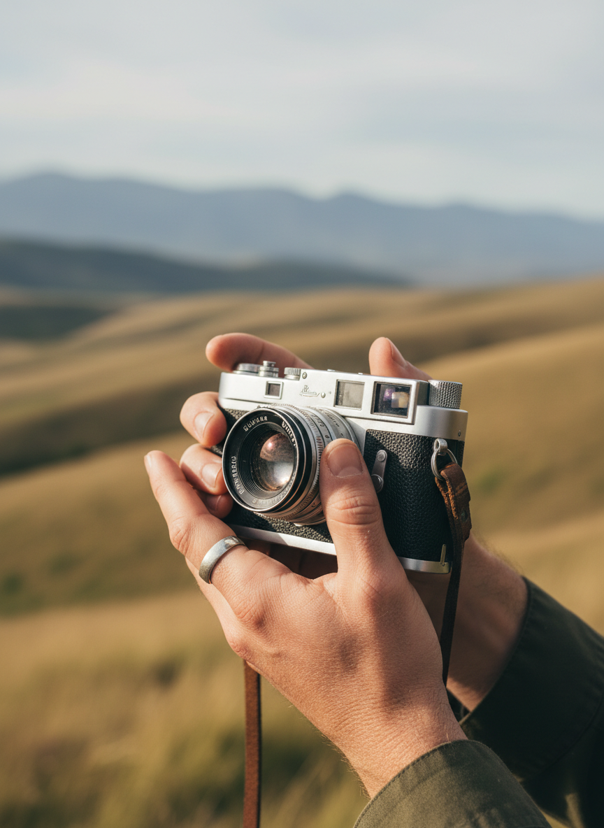 Intimate detail moment of a traveler's hands holding a vintage film camera against an out-of-focus natural landscape, shallow depth of field, curated editorial photography aesthetic, muted earthy tones