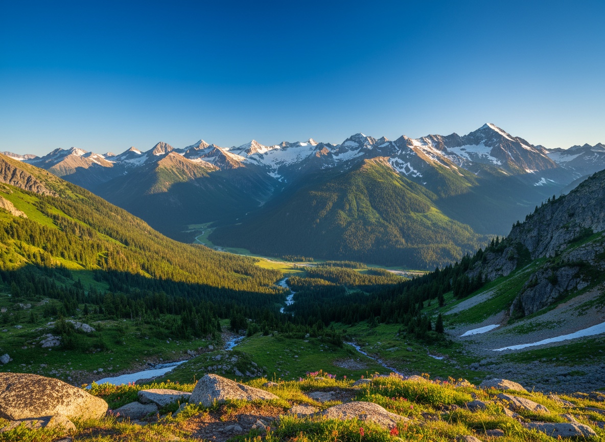 Bright sunny daylight mountain landscape, crystal clear vivid blue sky, golden sunlight on snow-capped peaks, lush green valleys, vibrant saturated colors, wide panoramic view, photorealistic, sharp and crisp, no filters, high contrast, cheerful and energetic mood